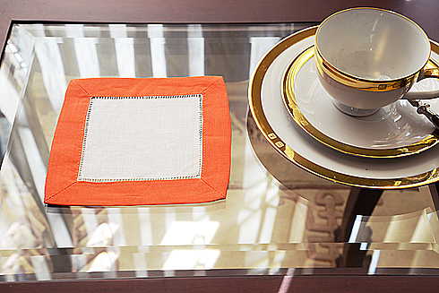 White Hemstitch Cocktail Napkin with Exotic Orange color trims